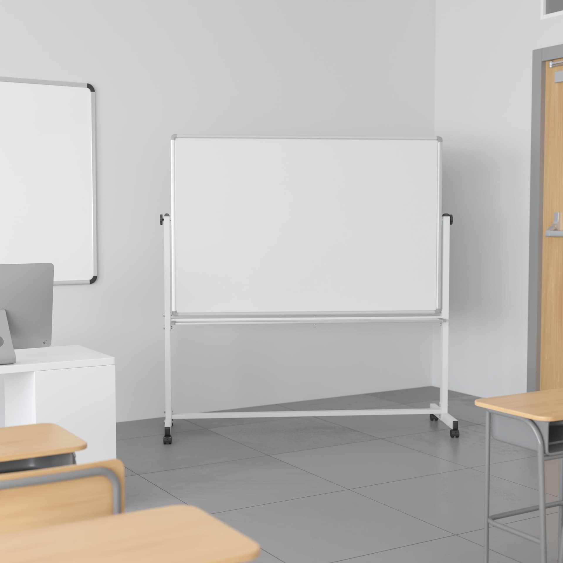 64.25"W x 64.75"H Double-Sided Mobile White Board with Shelf - Flip Over Board
