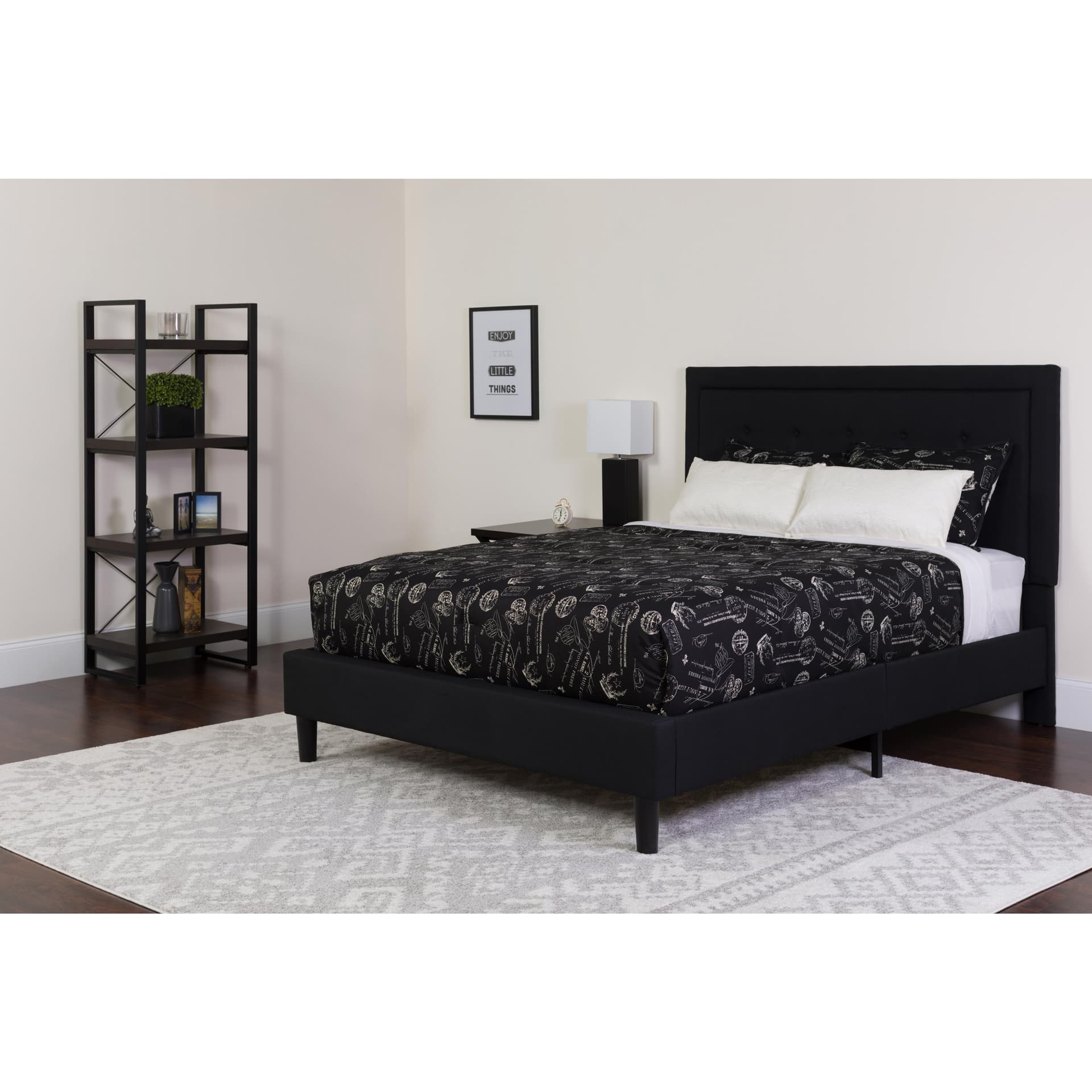 Full Size Panel Tufted Upholstered Platform Bed in Black Fabric