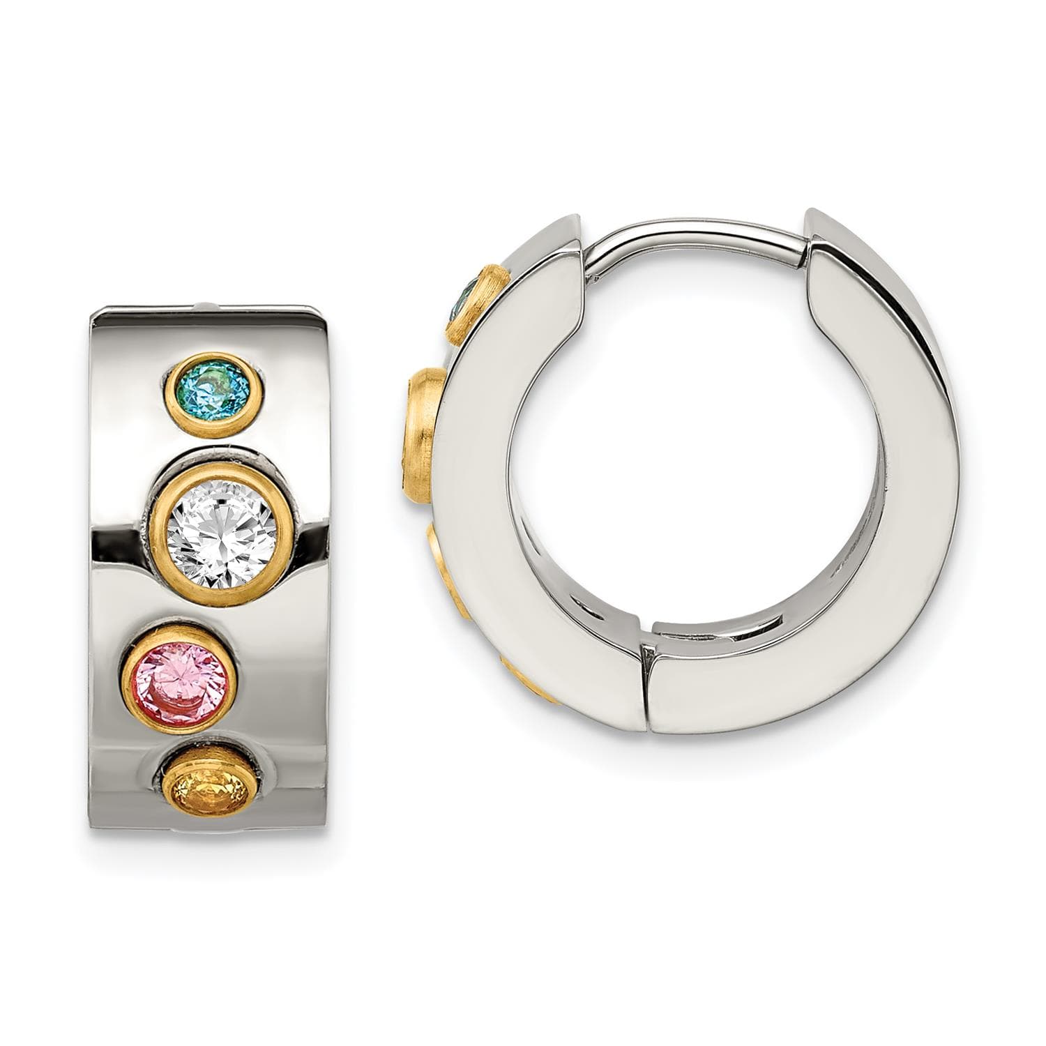 Stainless Steel Polished Yellow IP Multicolor CZ 7mm Hinged Hoop Earrings