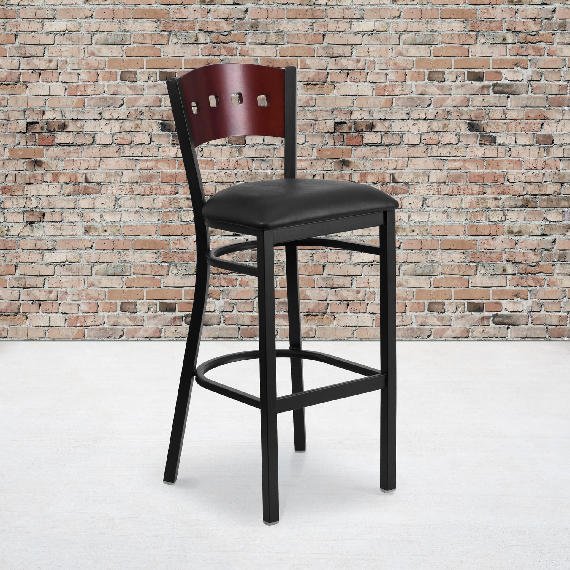 Black 4 Square Back Metal Barstool - Mahogany Wood Back, Black Vinyl Seat
