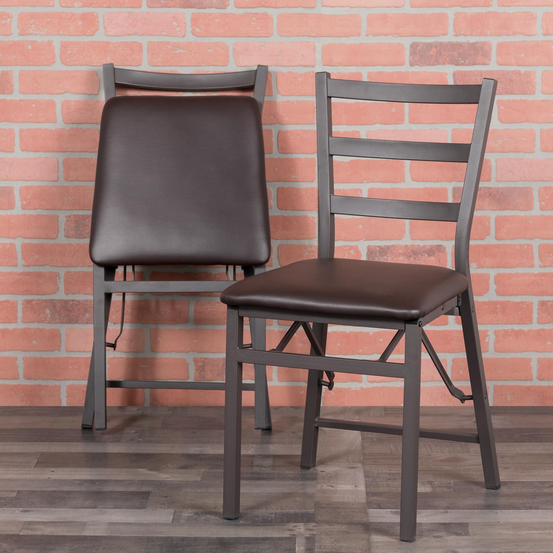 2PK Brown Folding Ladder Back Metal Chair - Brown Vinyl Seat