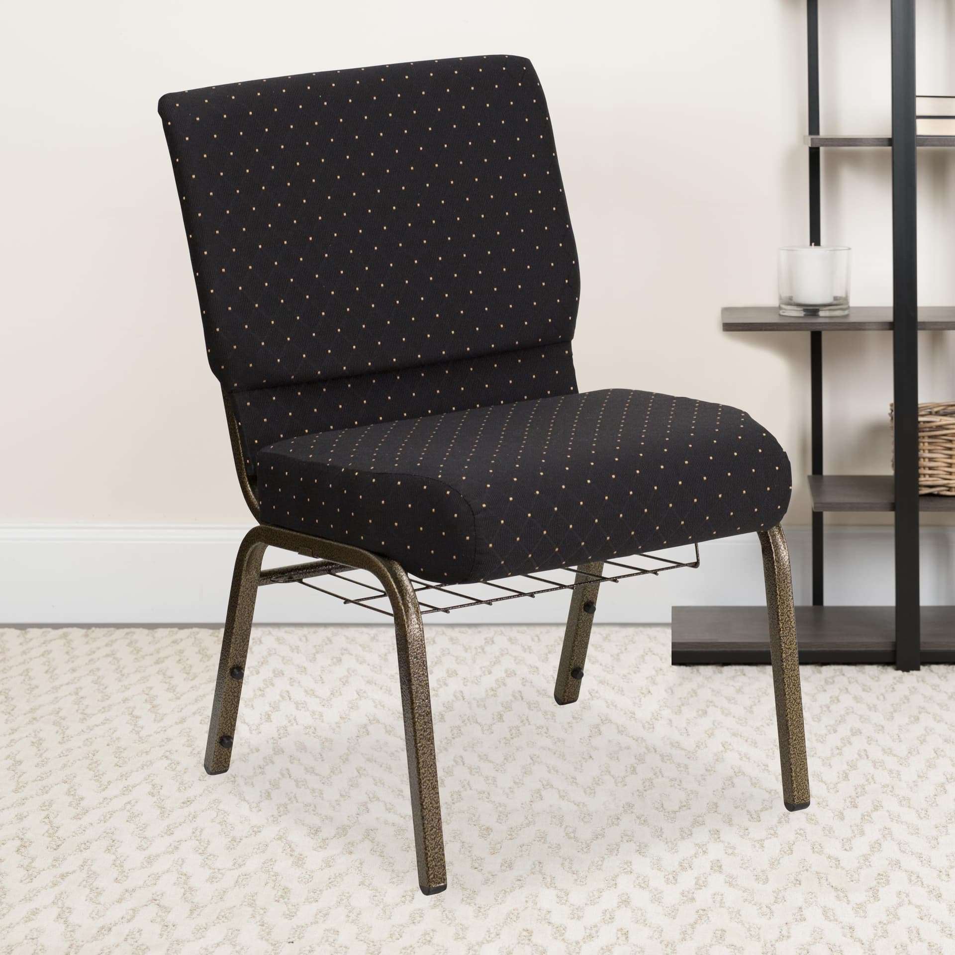 21"W Church Chair in Black Dot Patterned Fabric with Cup Book Rack - Gold Frame