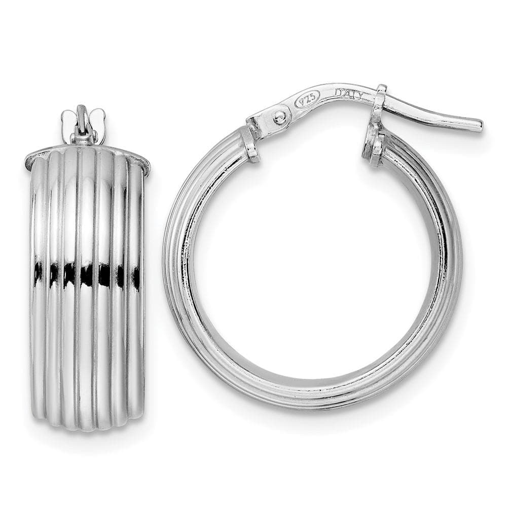 Sterling Silver Rhodium Plated Polished Grooved Hoop Earrings