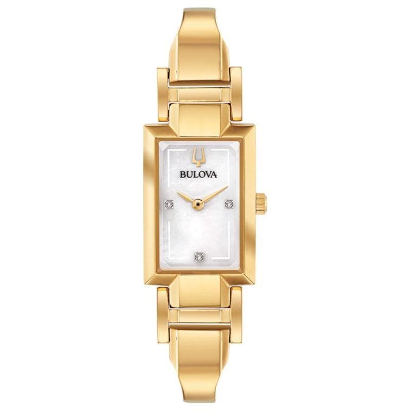 Ladies Gold Tone Tank Cuff Watch Mother of Pearl Dial