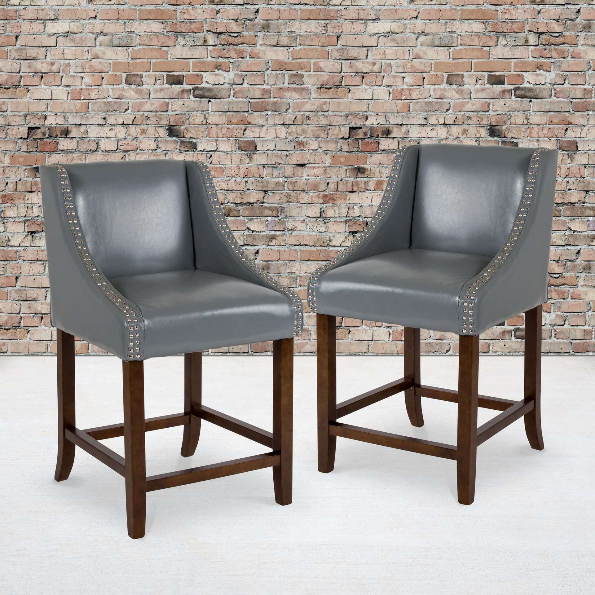 24"H Walnut Counter Stool with Accent Nail Trim - Lt Gray LeatherSoft, Set of 2