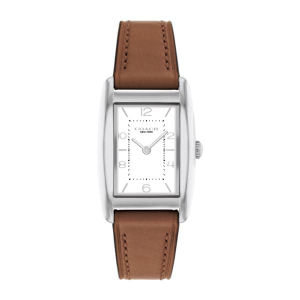 Ladies' Reese Silver Rectangle Brown Leather Strap Watch White Dial