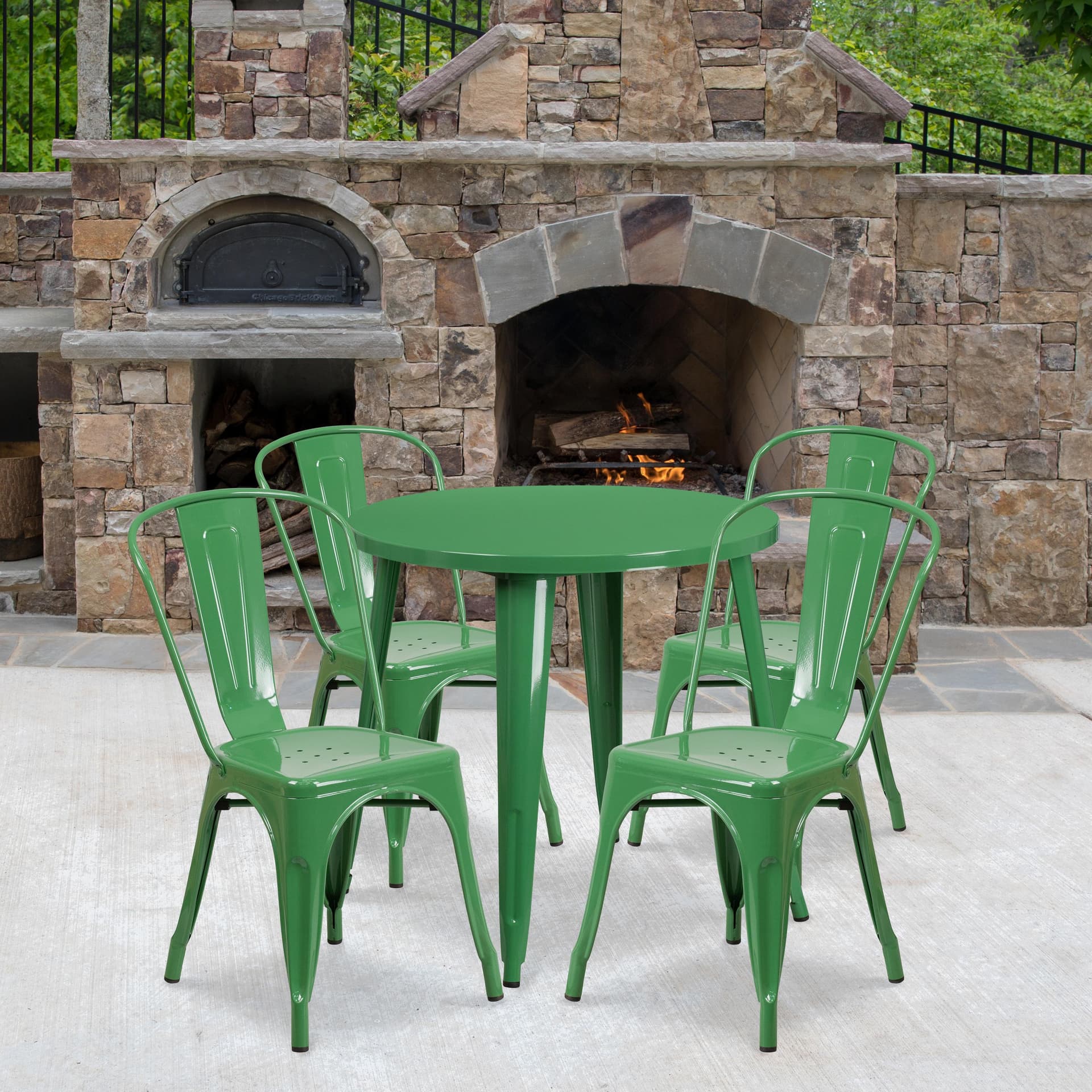 30" Round Green Metal Indoor-Outdoor Table Set with 4 Cafe Chairs