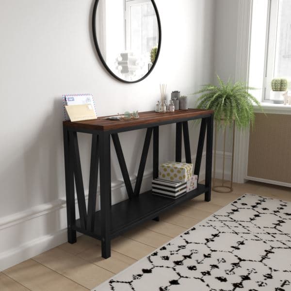 Farmhouse Style Rustic Entryway Console Table - Black/Walnut Finish Top