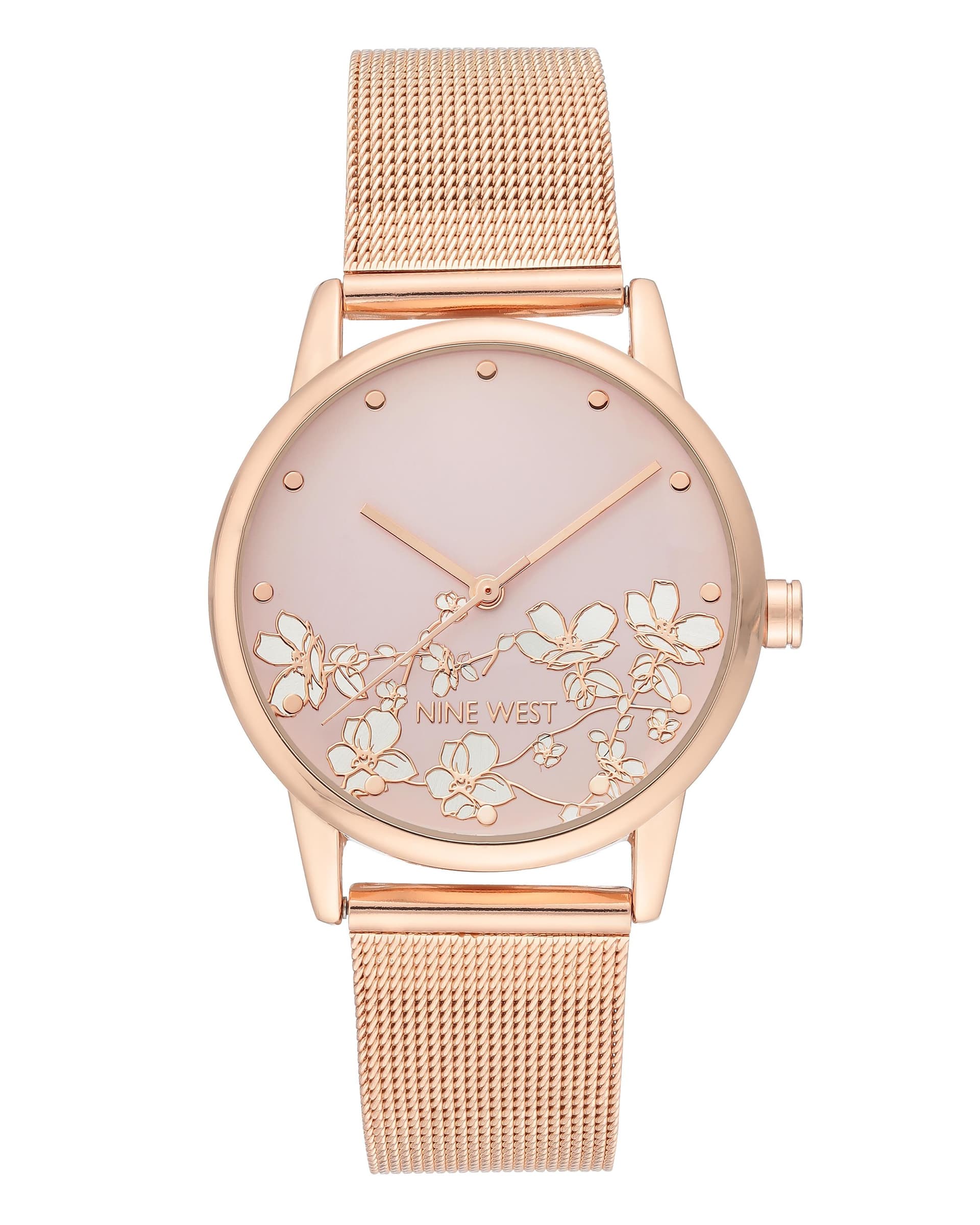 Women's Rose Gold Floral Dial Mesh Bracelet Watch