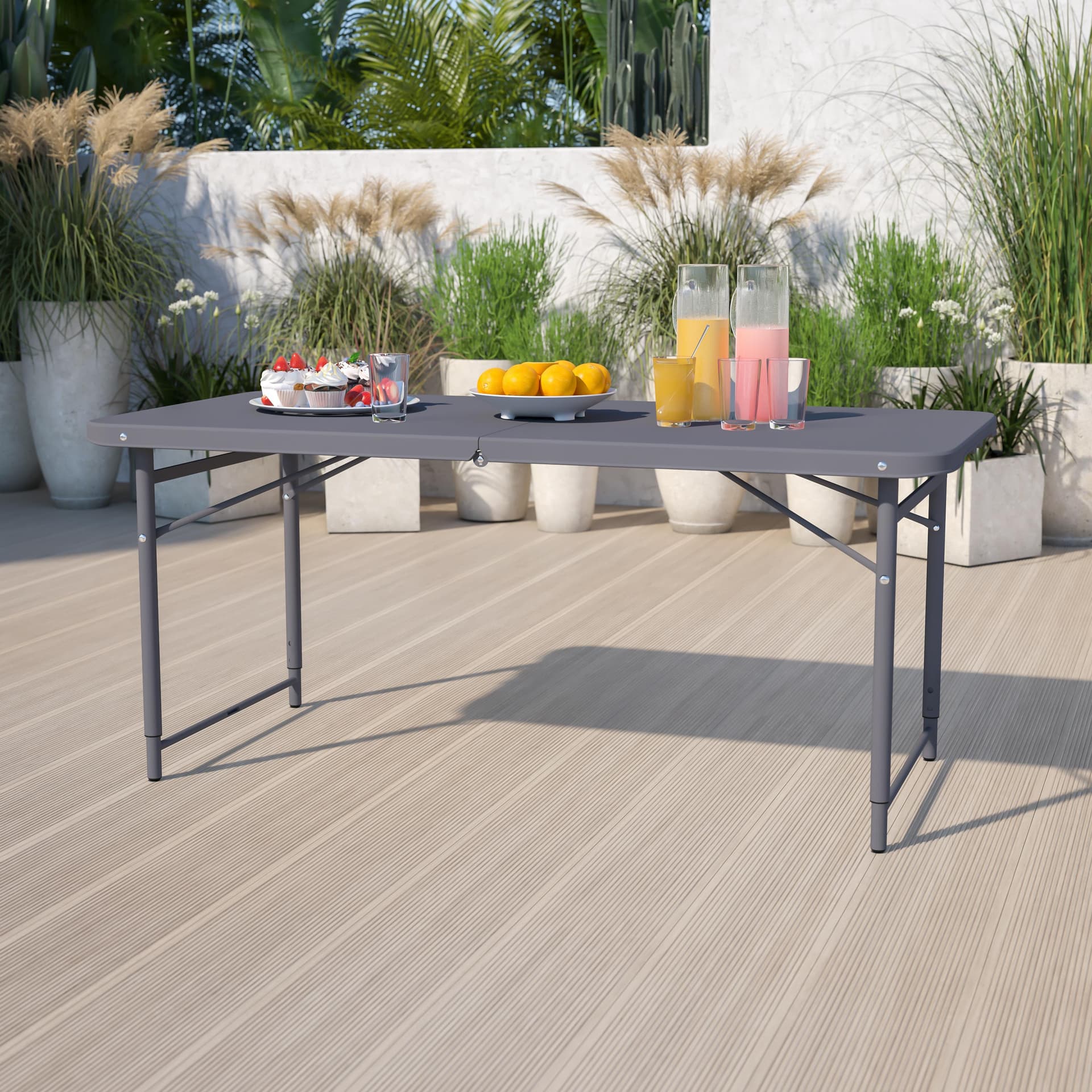 4-Foot Height Adjustable Bi-Fold Dark Gray Plastic Folding Table with Handle