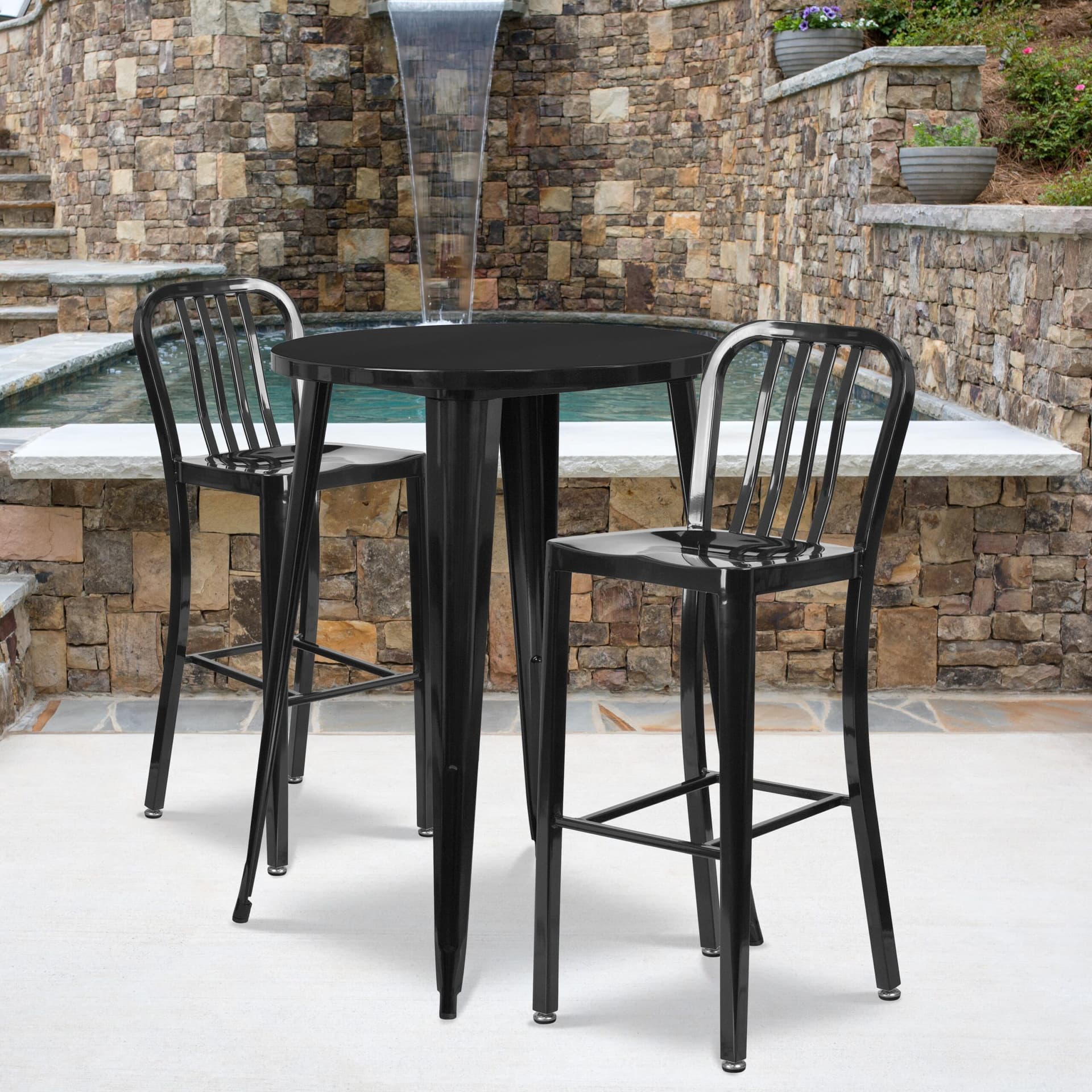 30" Round Black Metal Indoor-Outdoor Bar Table Set with 2 Slat Back Stools