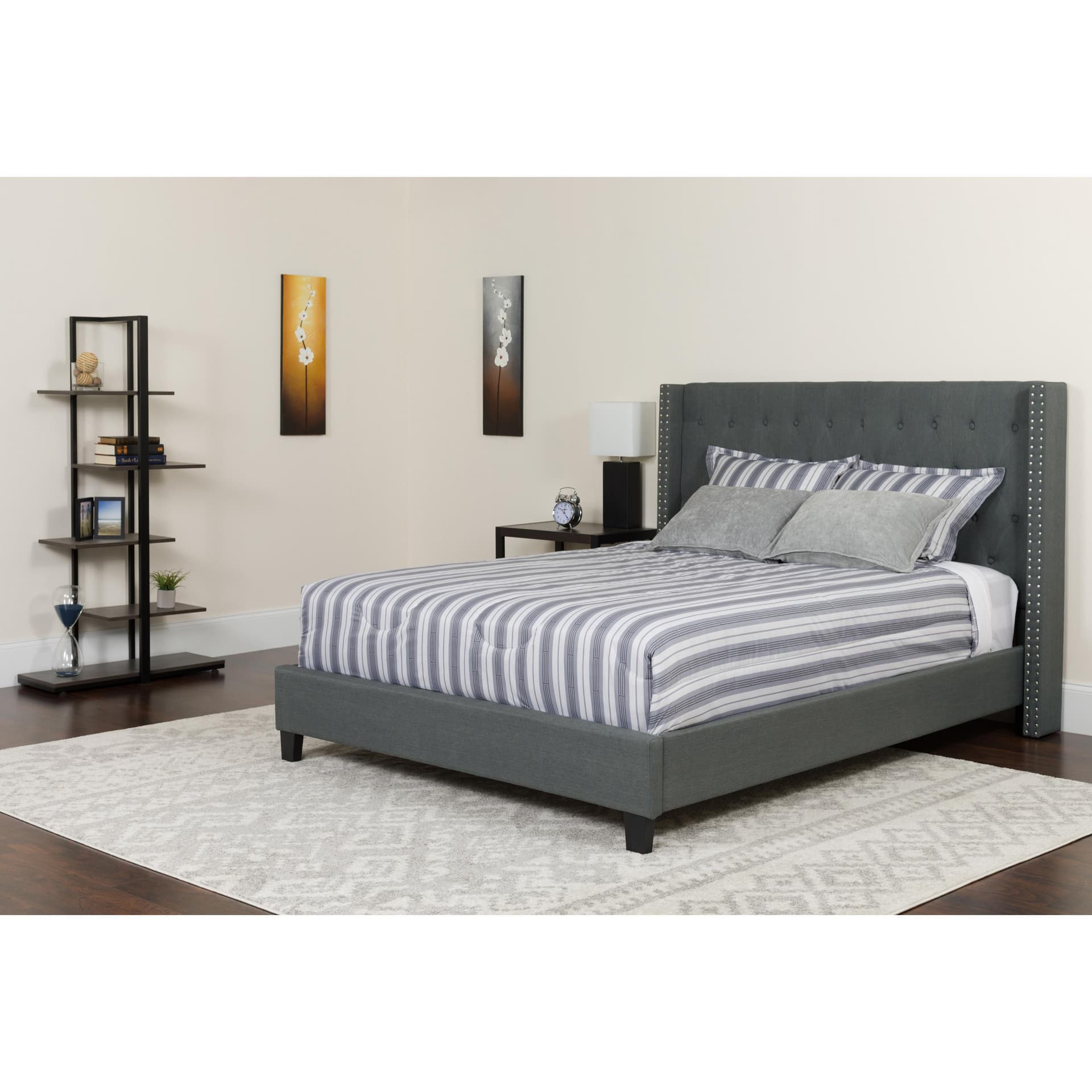 King Size Tufted Dk Gray Fabric Platform Bed w/ Accent Nail Trim Extended Sides