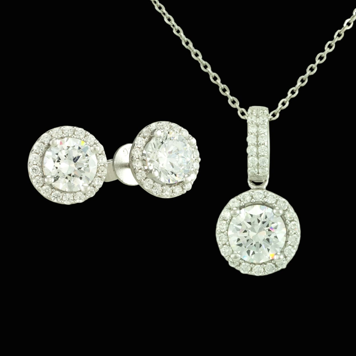 Beautiful sterling silver "Round Halo" Earrings and Necklace combination with cubic zirconia