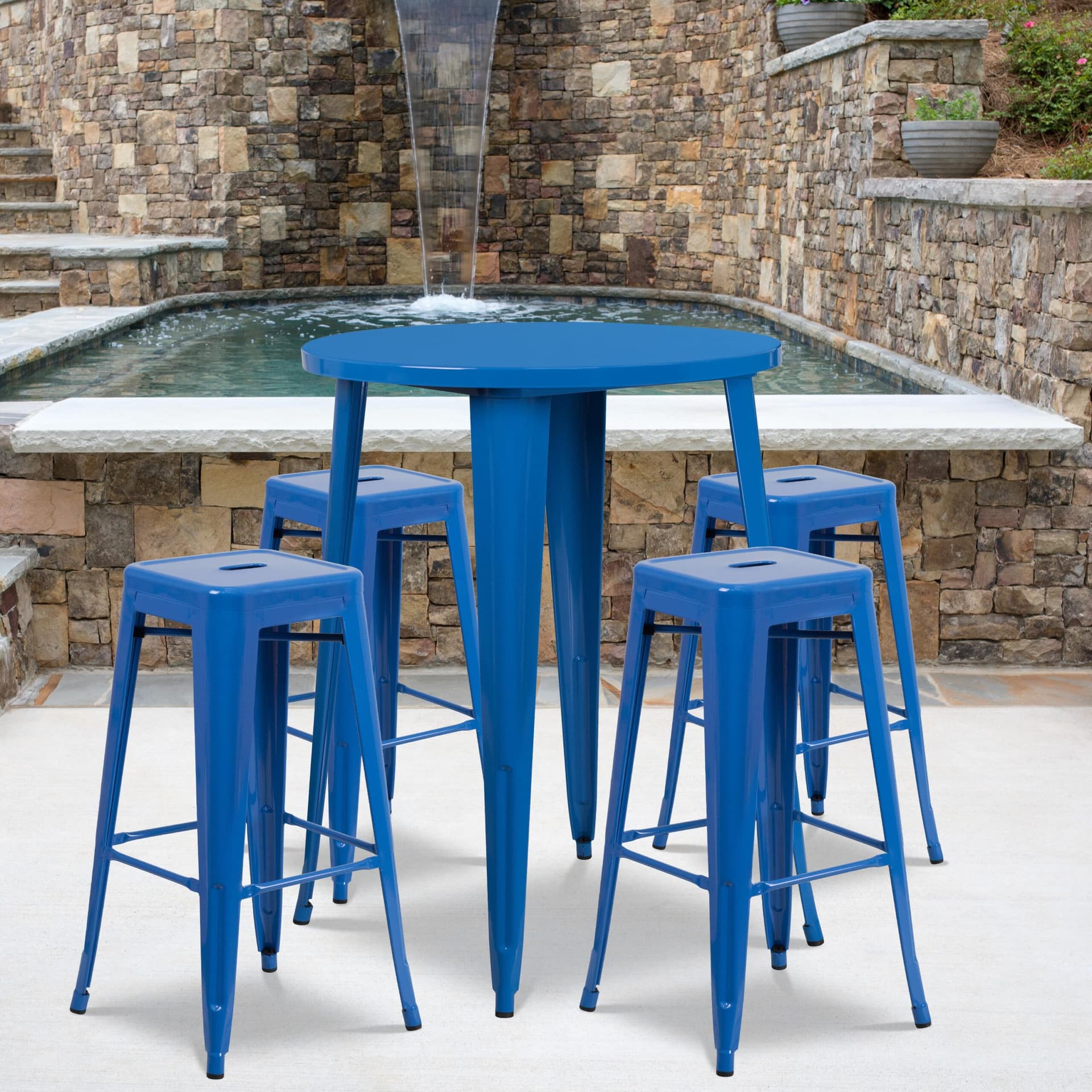 30" Round Blue Metal Indoor-Outdoor Bar Table Set with 4 Backless Stools