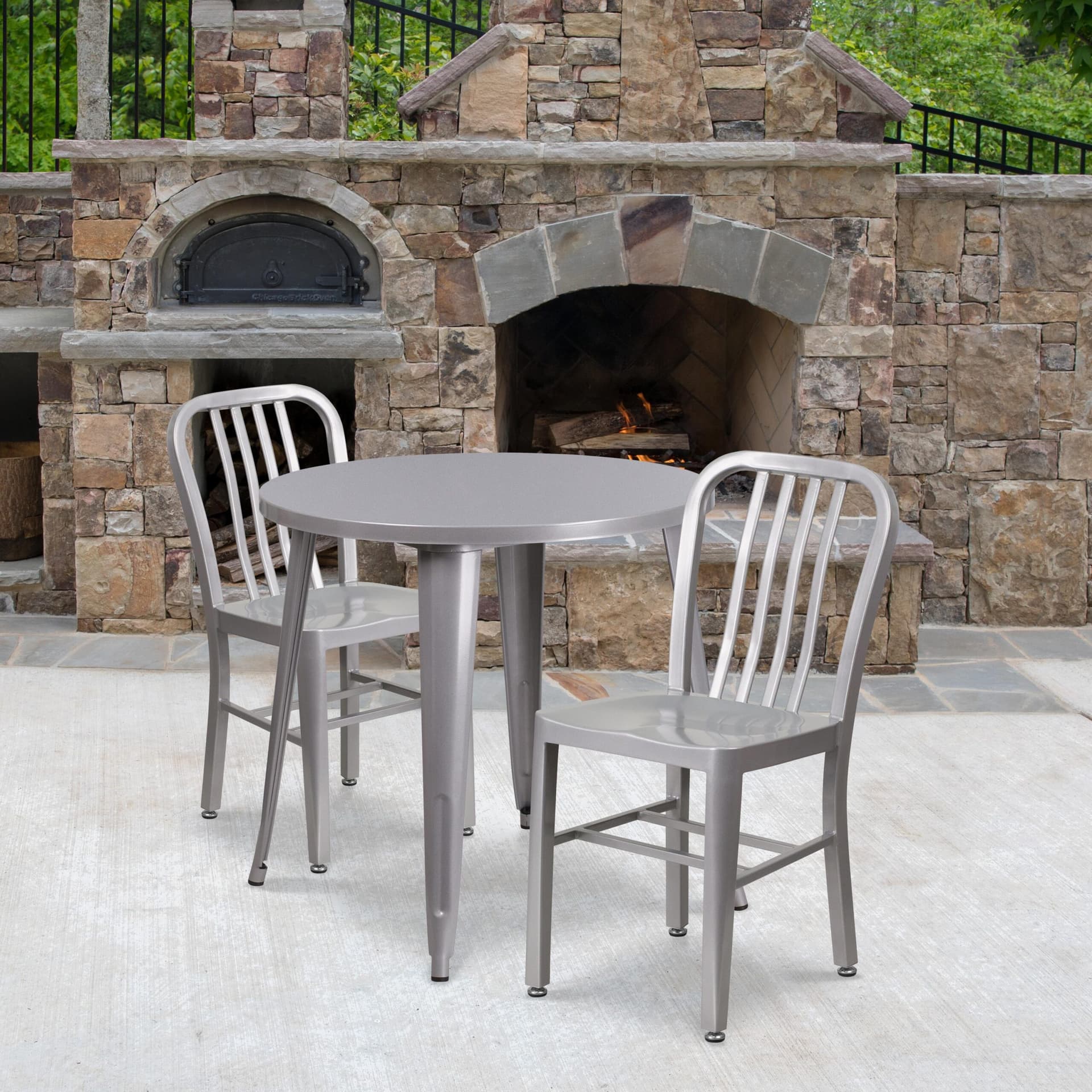 30" Round Silver Metal Indoor-Outdoor Table Set with 2 Vertical Slat Back Chairs