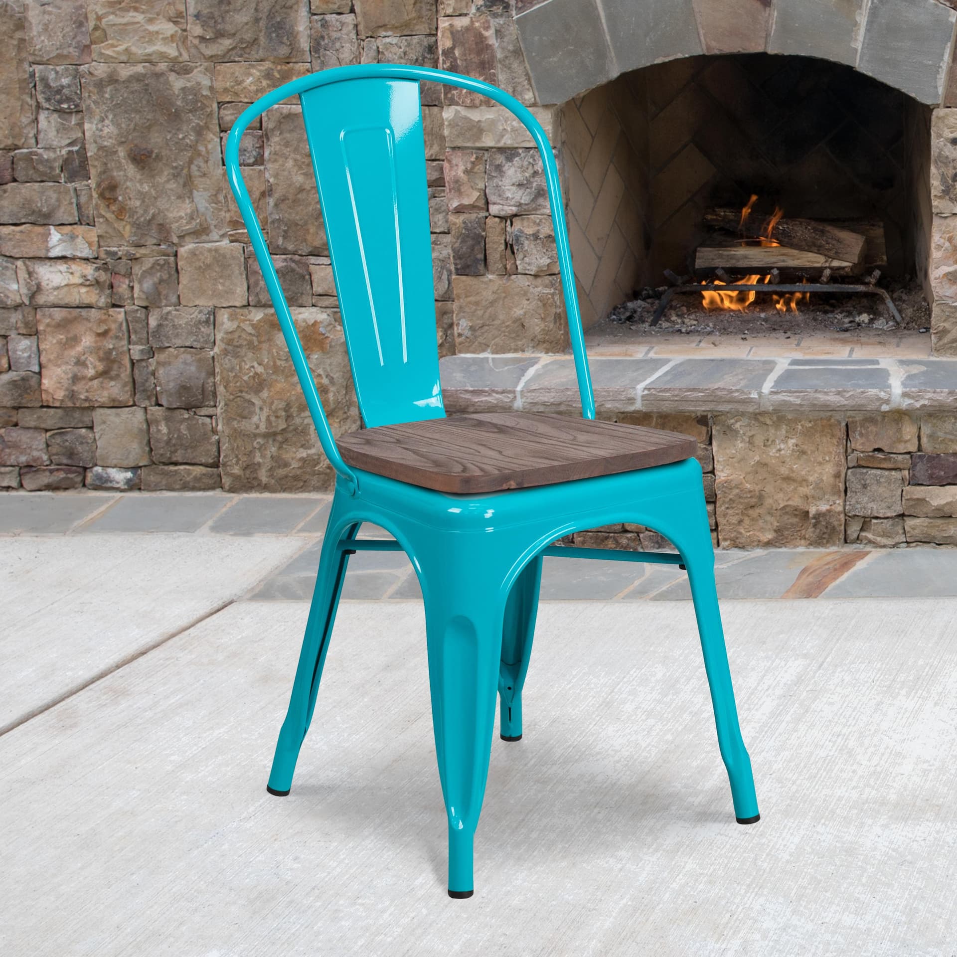 Crystal Teal-Blue Metal Stackable Chair with Wood Seat - Kitchen Furniture