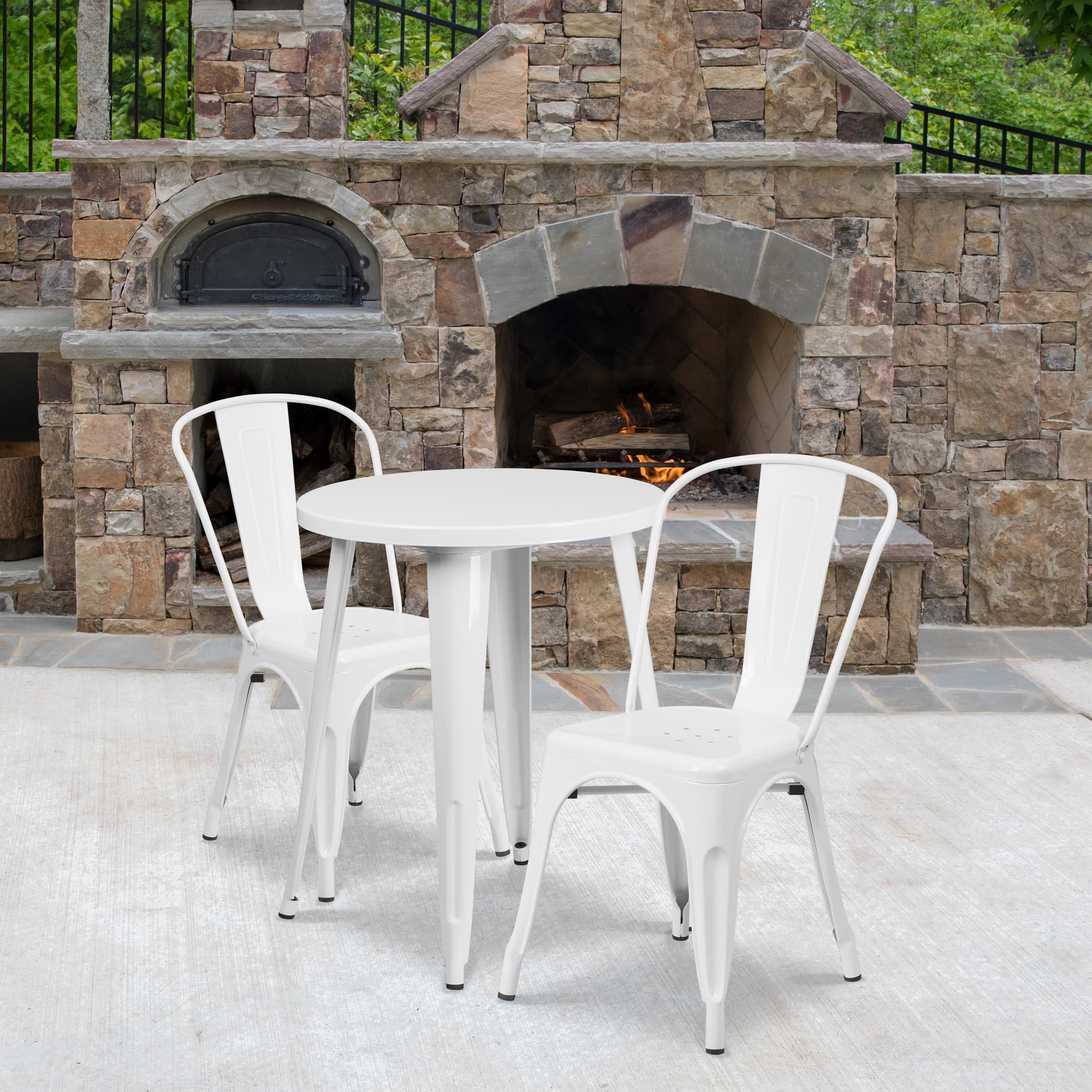 24" Round White Metal Indoor-Outdoor Table Set with 2 Cafe Chairs - Patio Set