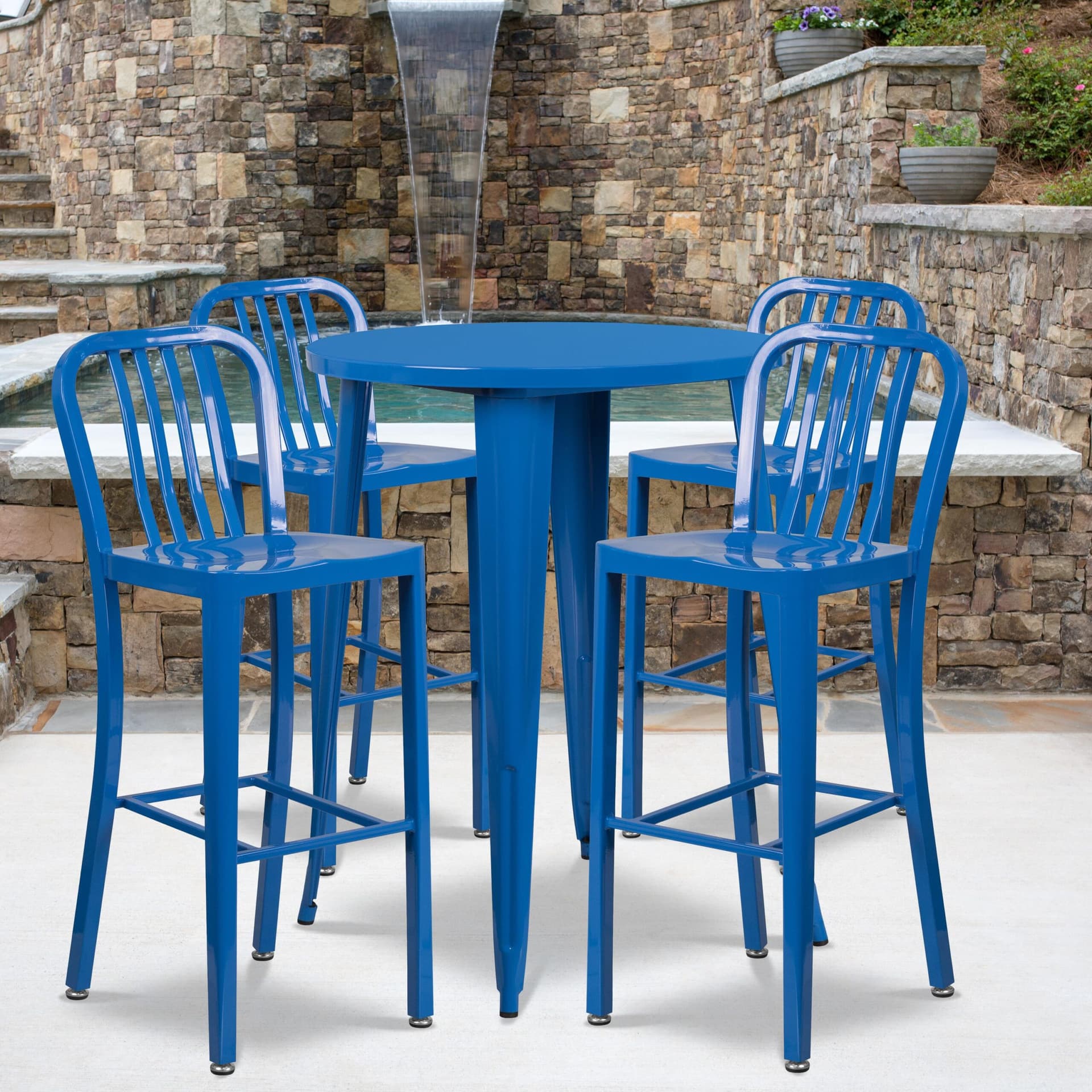30" Round Blue Metal Indoor-Outdoor Bar Table Set with 4 Slat Back Stools