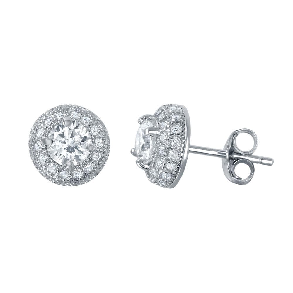 PARIKHS Rhodium Plated Round Clear CZ Dome Stud Earring in 925 Sterling Silver