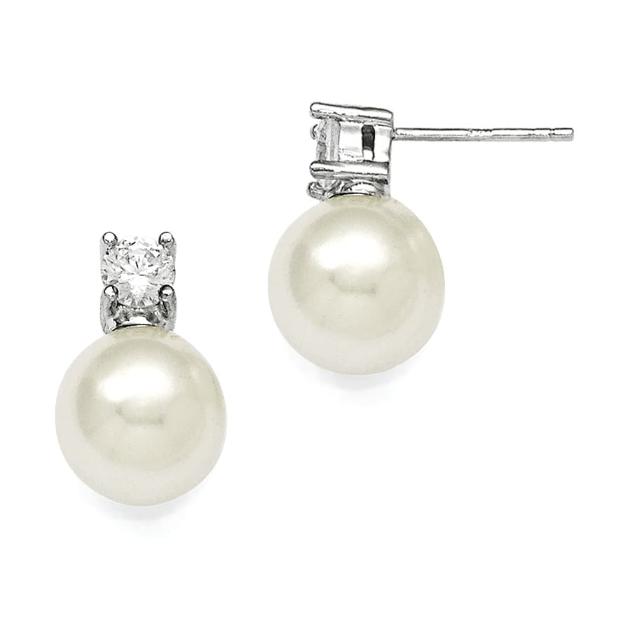 Sterling Silver Majestik 10-11mm White Shell Bead with CZ Earrings