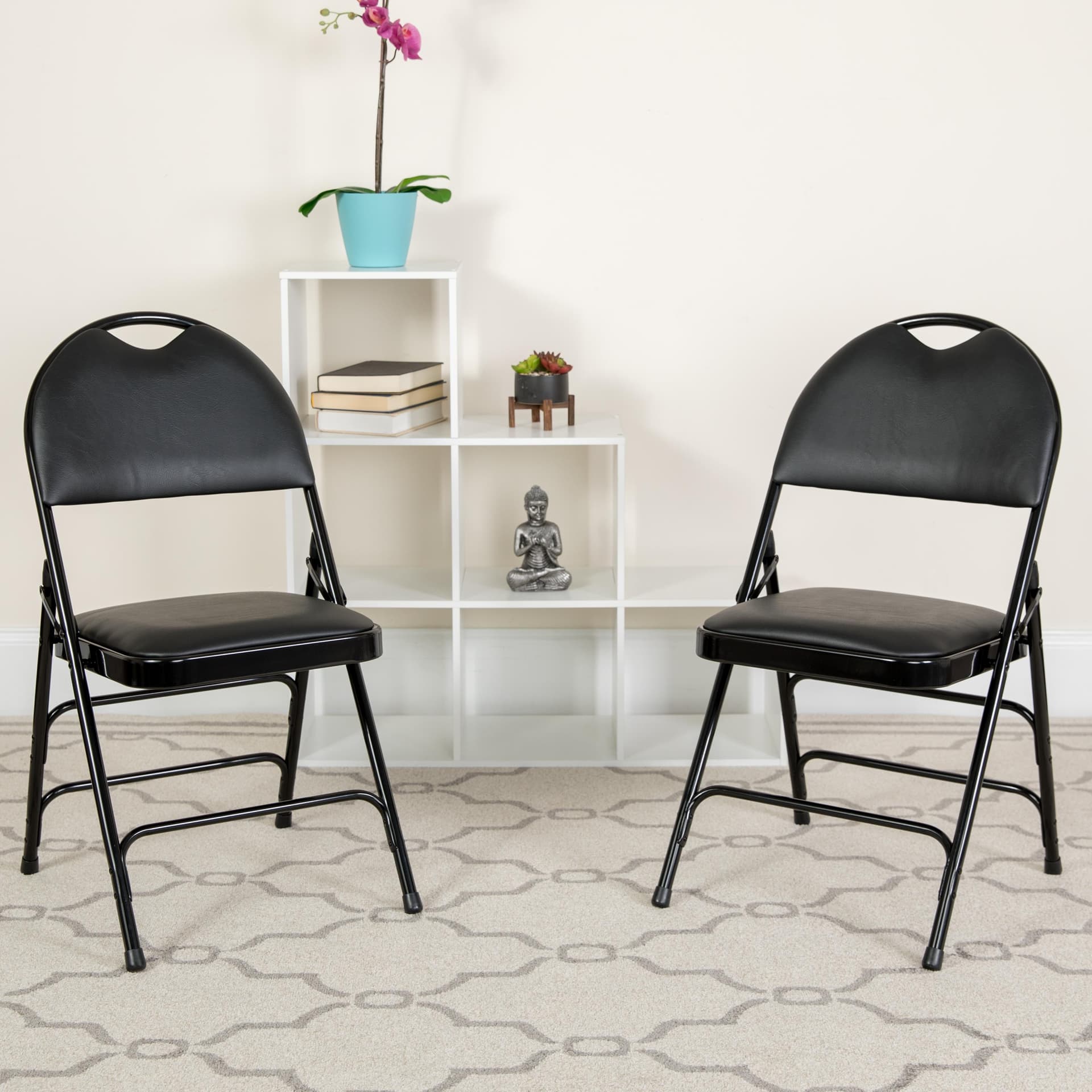 2PK Ultra-Premium Triple Braced Black Vinyl Folding Chair with Easy-Carry Handle