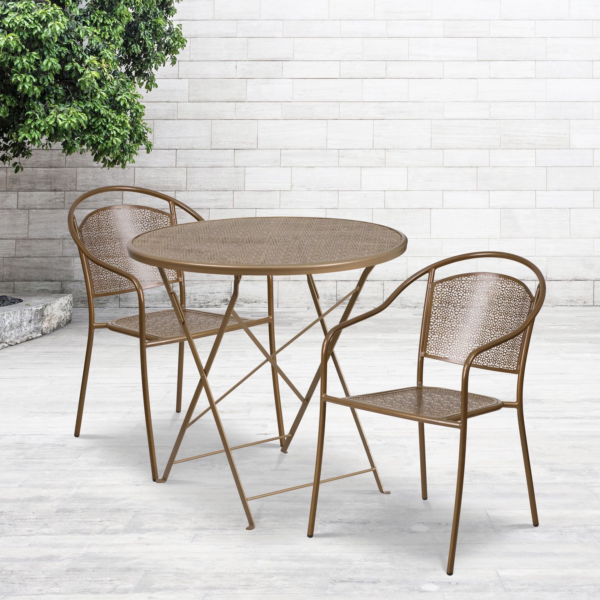 30" Round Gold Indoor-Outdoor Steel Folding Patio Table Set with 2 Chairs