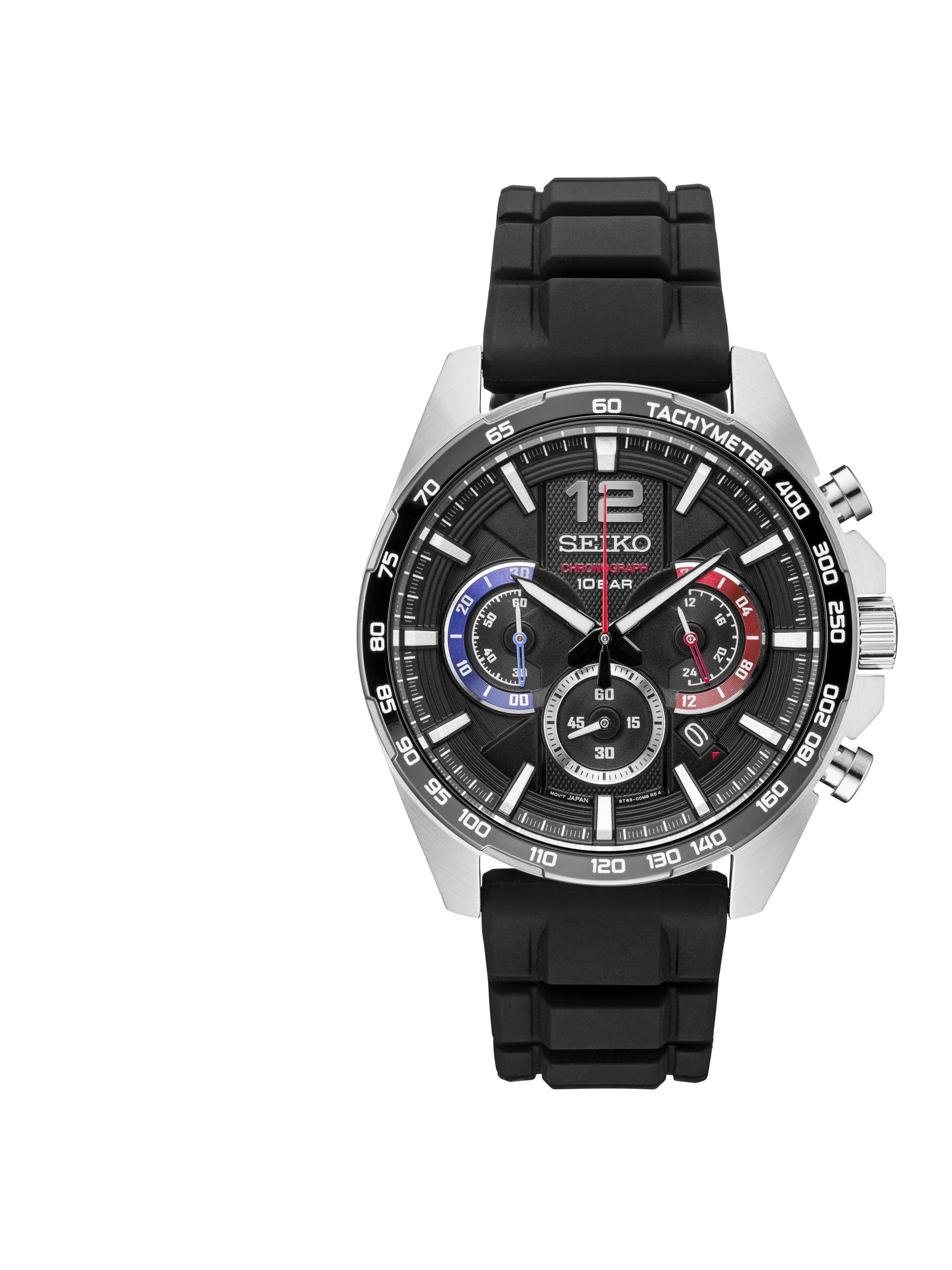 Mens Chronograph Silver Case with Black Dial with Blue & Red Accents