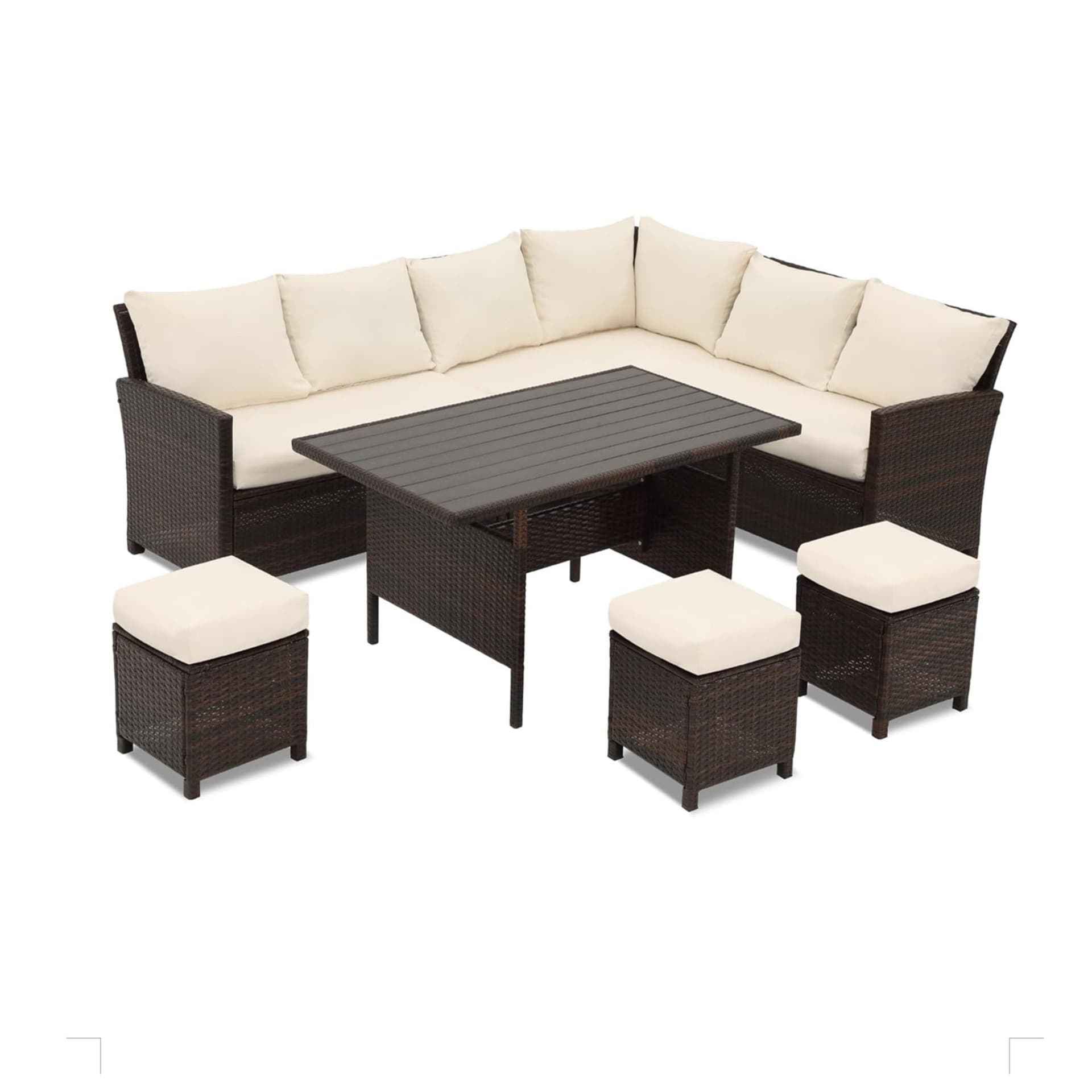 7-Piece Wicker Patio Dining Set w/Ivory Cushions