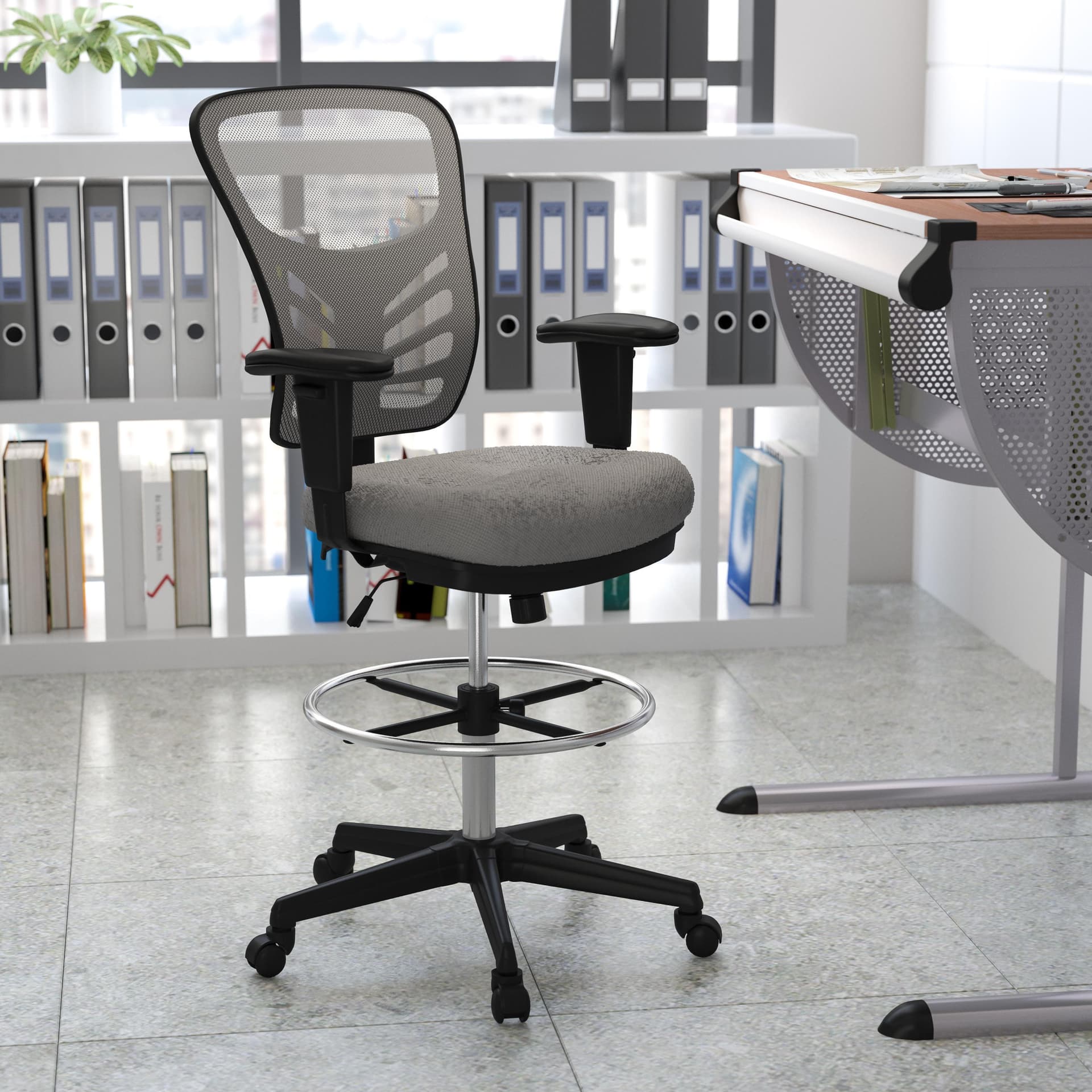Mid-Back Gray Mesh Ergonomic Drafting Chair/Black Frame - Adjustable Foot Ring
