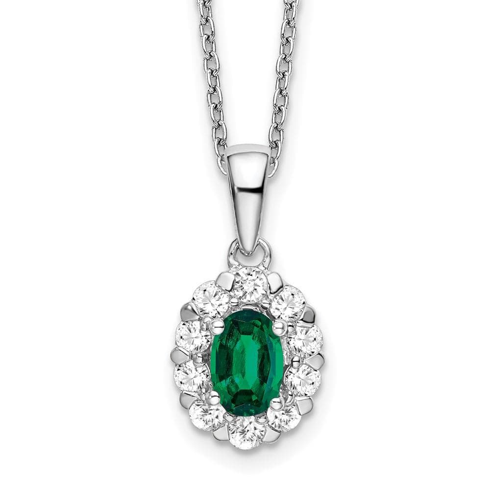 14K White Gold Lab Grown Diamond & Created Oval Emerald Pendant Necklace