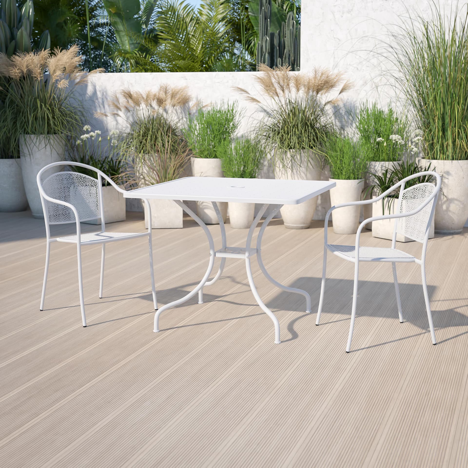 35.5" Square White Indoor-Outdoor Steel Patio Table-Umbrella Hole