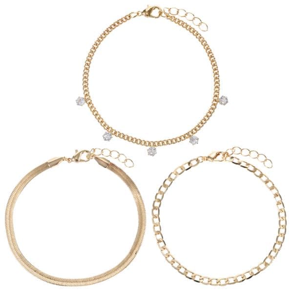 Set of 3 Chain Link Bracelets with Herrigbone, Curb and Drop Style - Goldtone