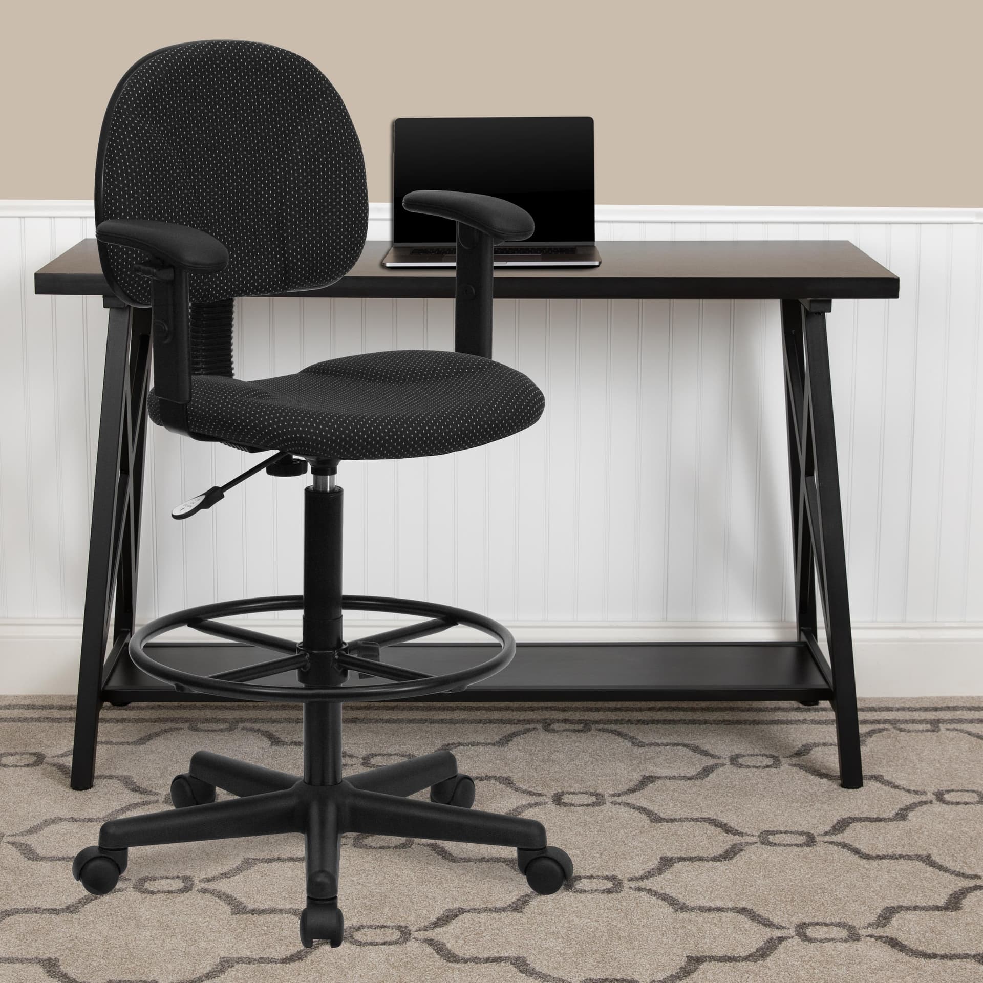 Black Patterned Fabric Swivel Drafting Chair with Adjustable Height and Arms