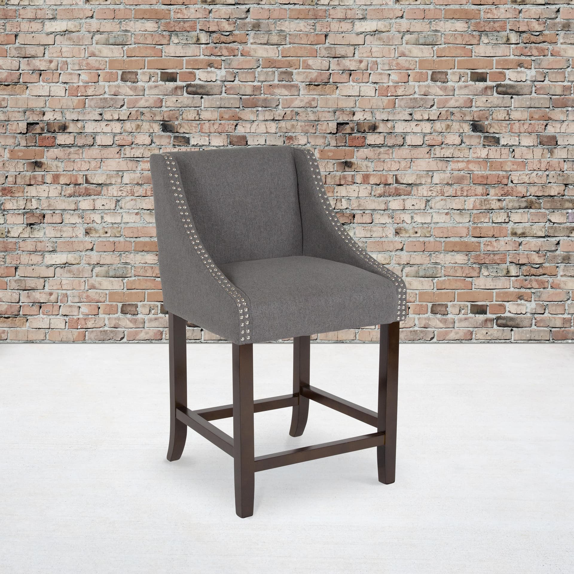 24"H Walnut Counter Stool with Accent Nail Trim - Dark Gray Fabric