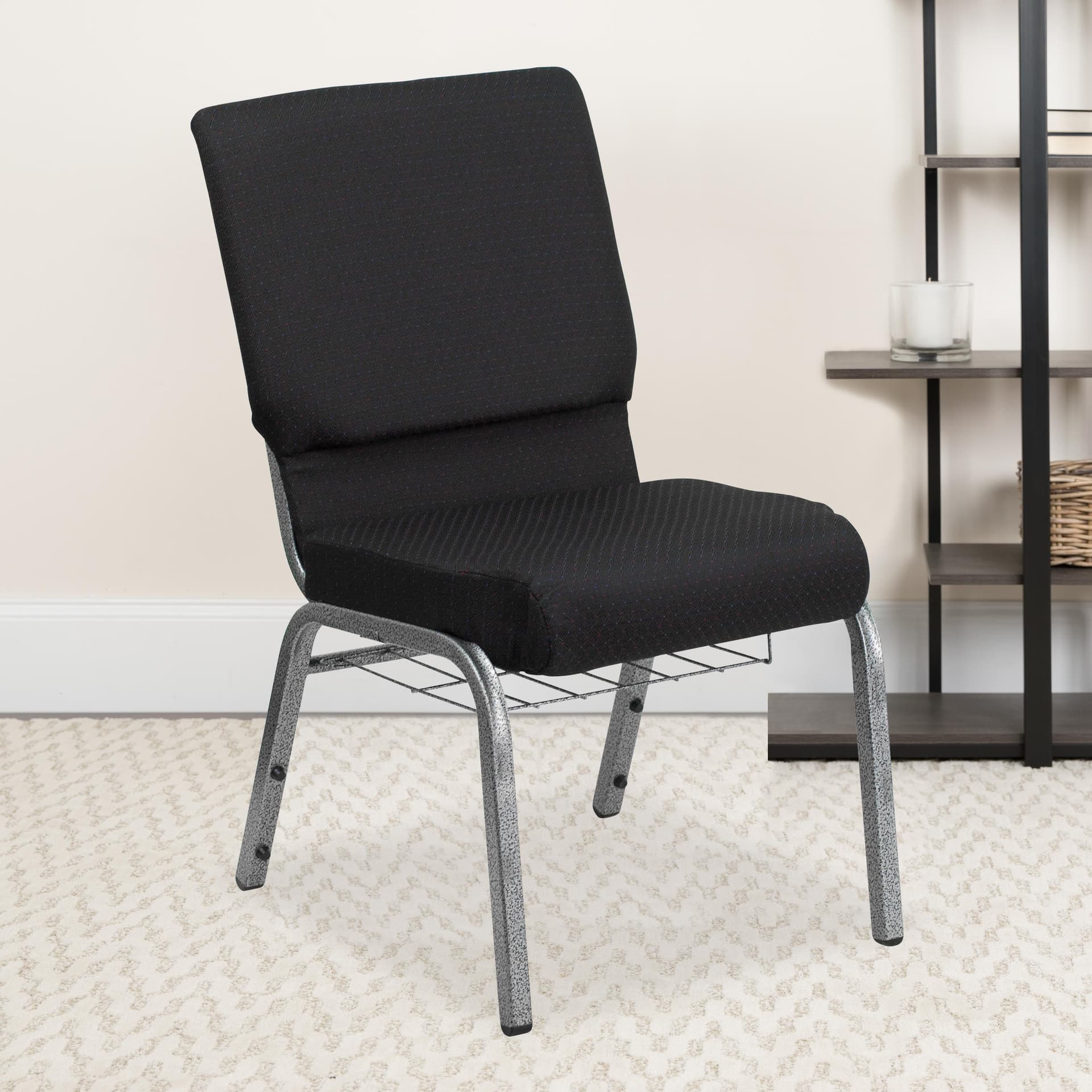 18.5"W Church Chair in Black Patterned Fabric w/Cup Book Rack-Silver Vein Frame