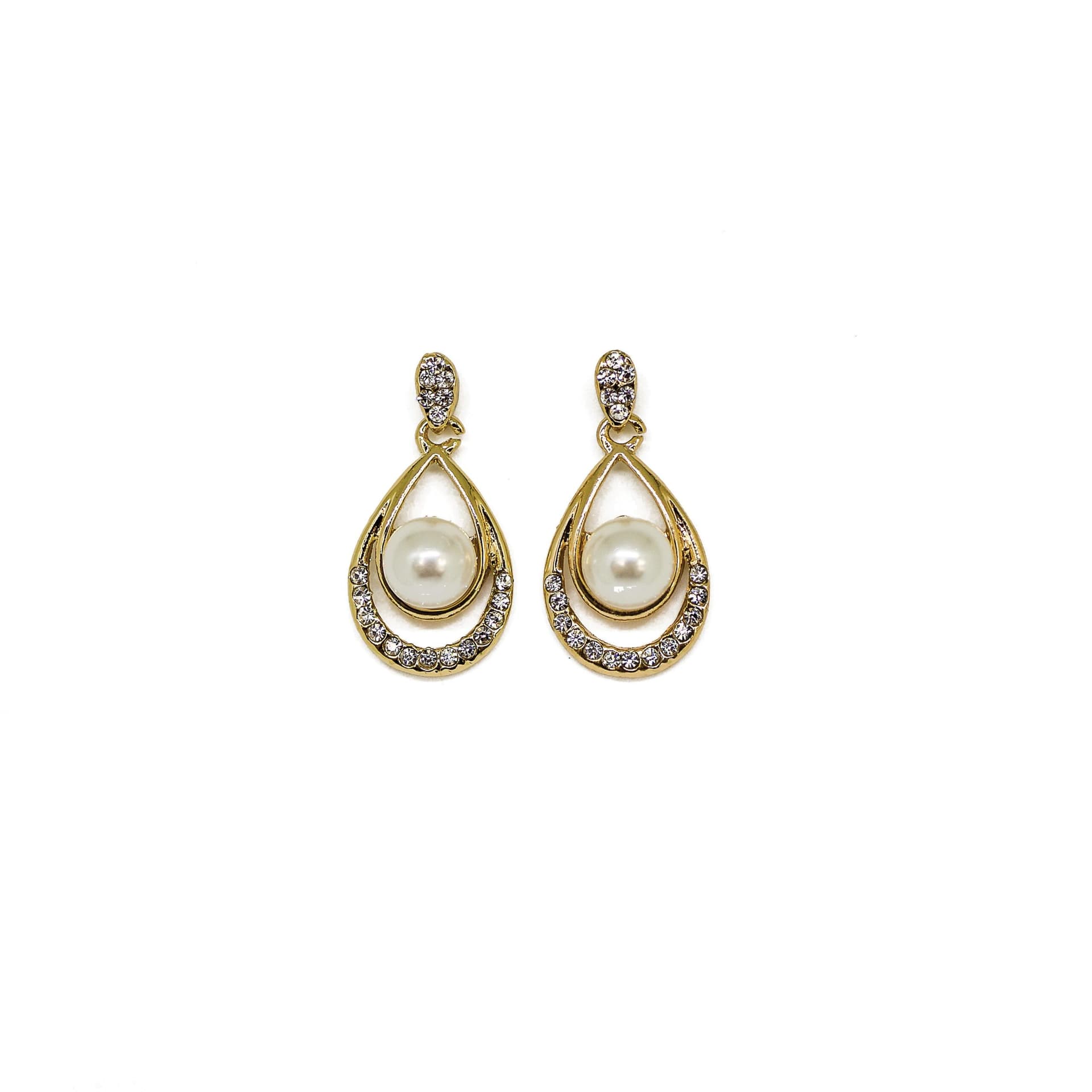 Gold Tone Pearl and Crystal Teardrop Earrings